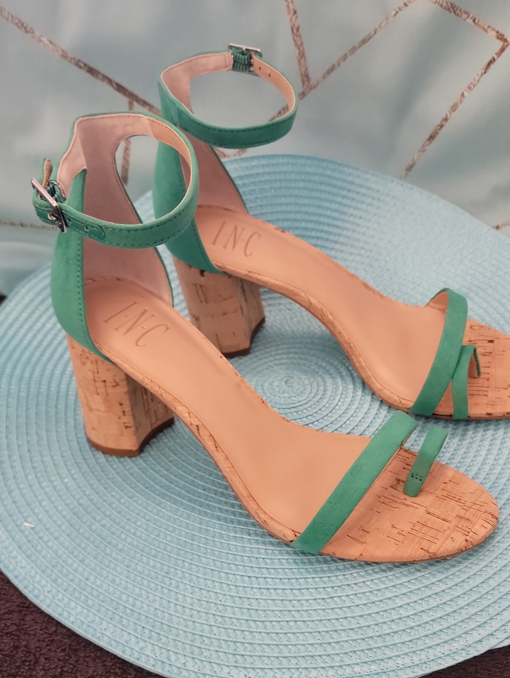 INC International Concepts Teal Block Cork Heel Sandals